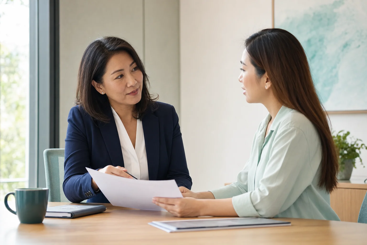 An HR adviser discussing workplace planning with a professional