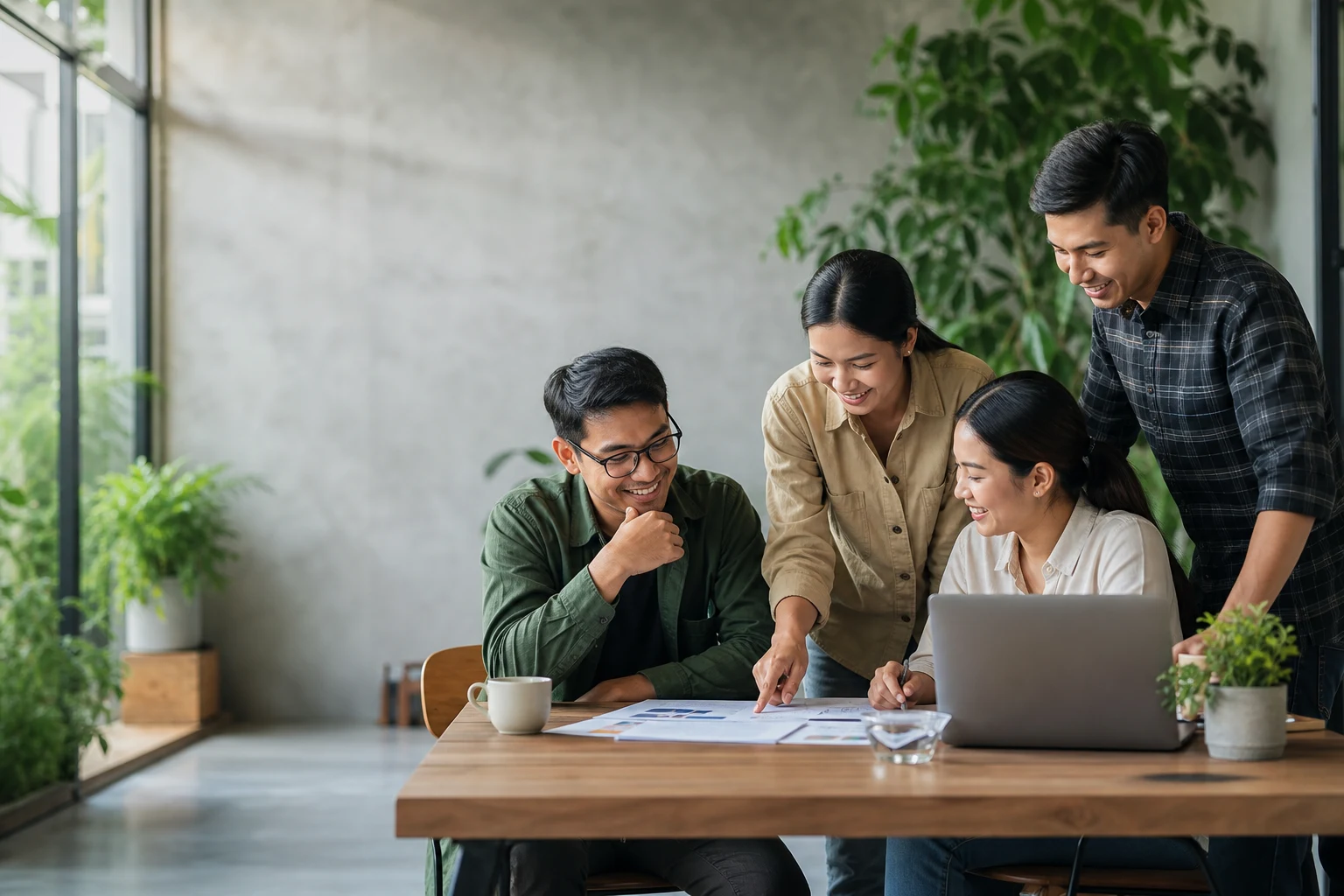 A Malaysian workplace team discussing ideas around a laptop