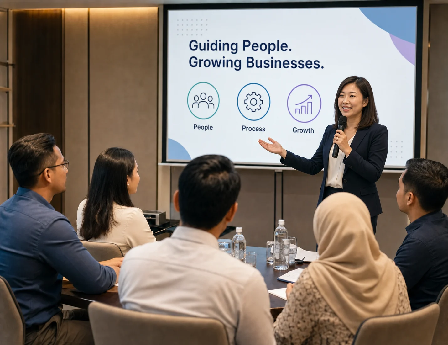 A Chinese Malaysian trainer presenting to participants seated in front of a Guiding Essence slide